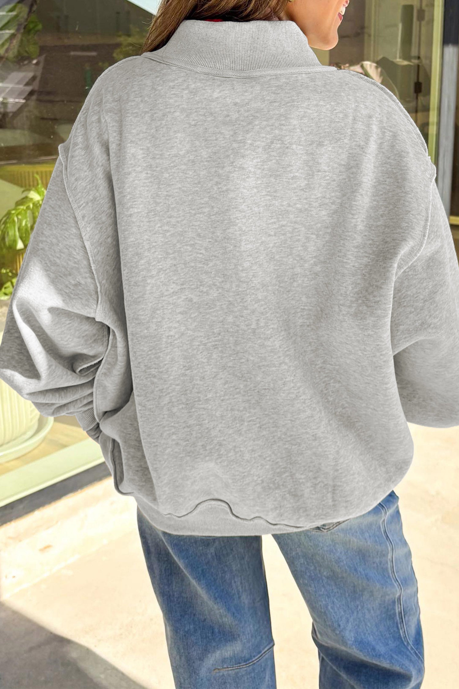 Light Grey Sequined Halloween Pumpkin Graphic Exposed Seam Mock Neck Sweatshirt