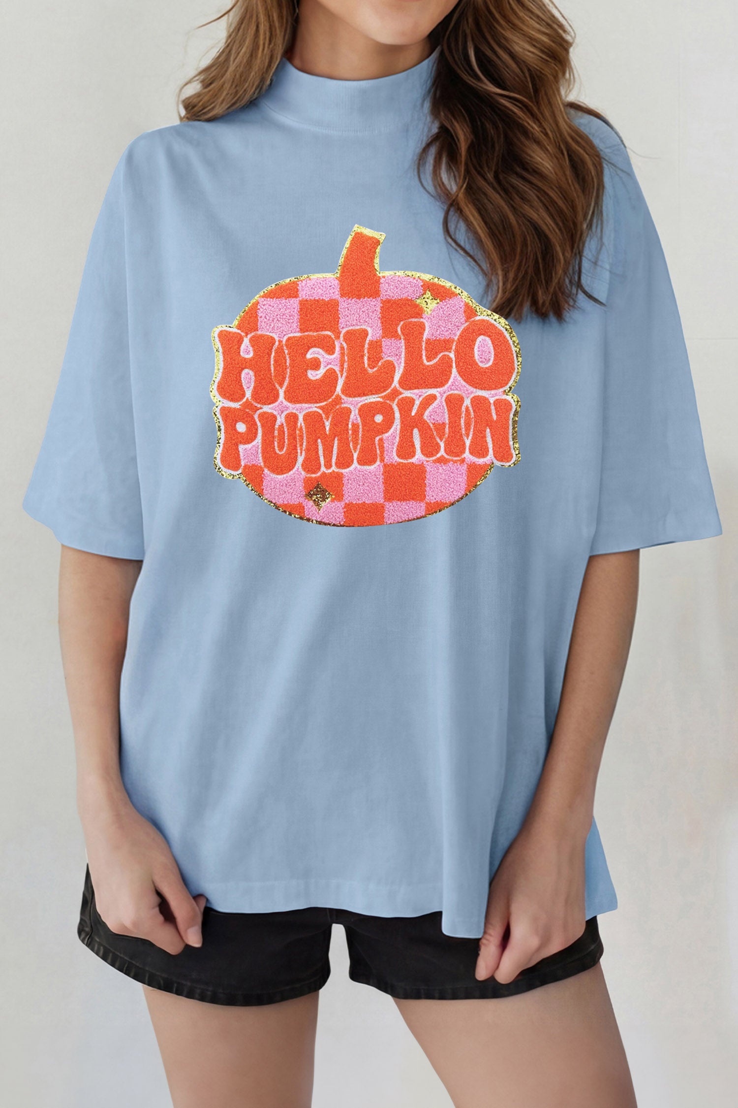 Beau Blue Chenille HELLO PUMPKIN Checkered Graphic High Neck T Shirt