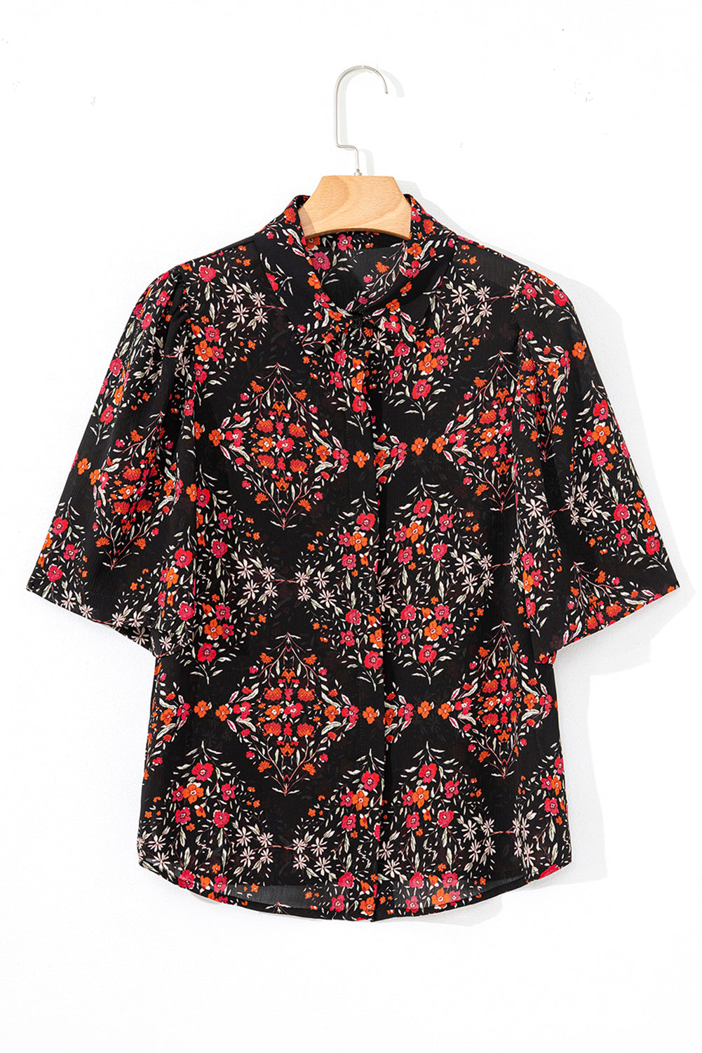 Black Floral Print Wide Short Sleeve Loose Shirt