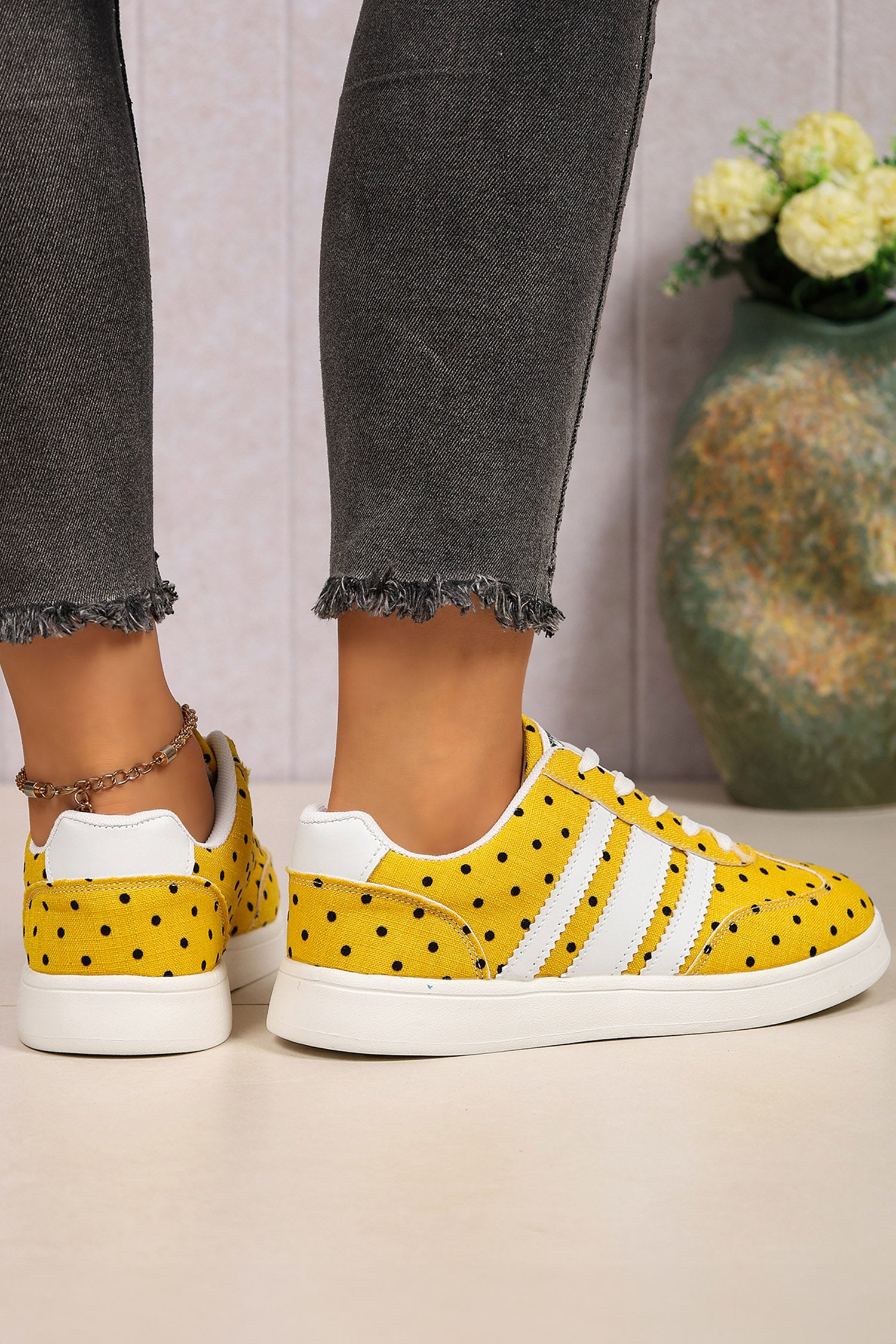 Ginger Polka Dot Print PU Leather Detail Lace Up Casual Shoes