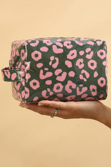 Blackish Green Leopard Print PVC Travel Makeup Organizer Cosmetic Bag
