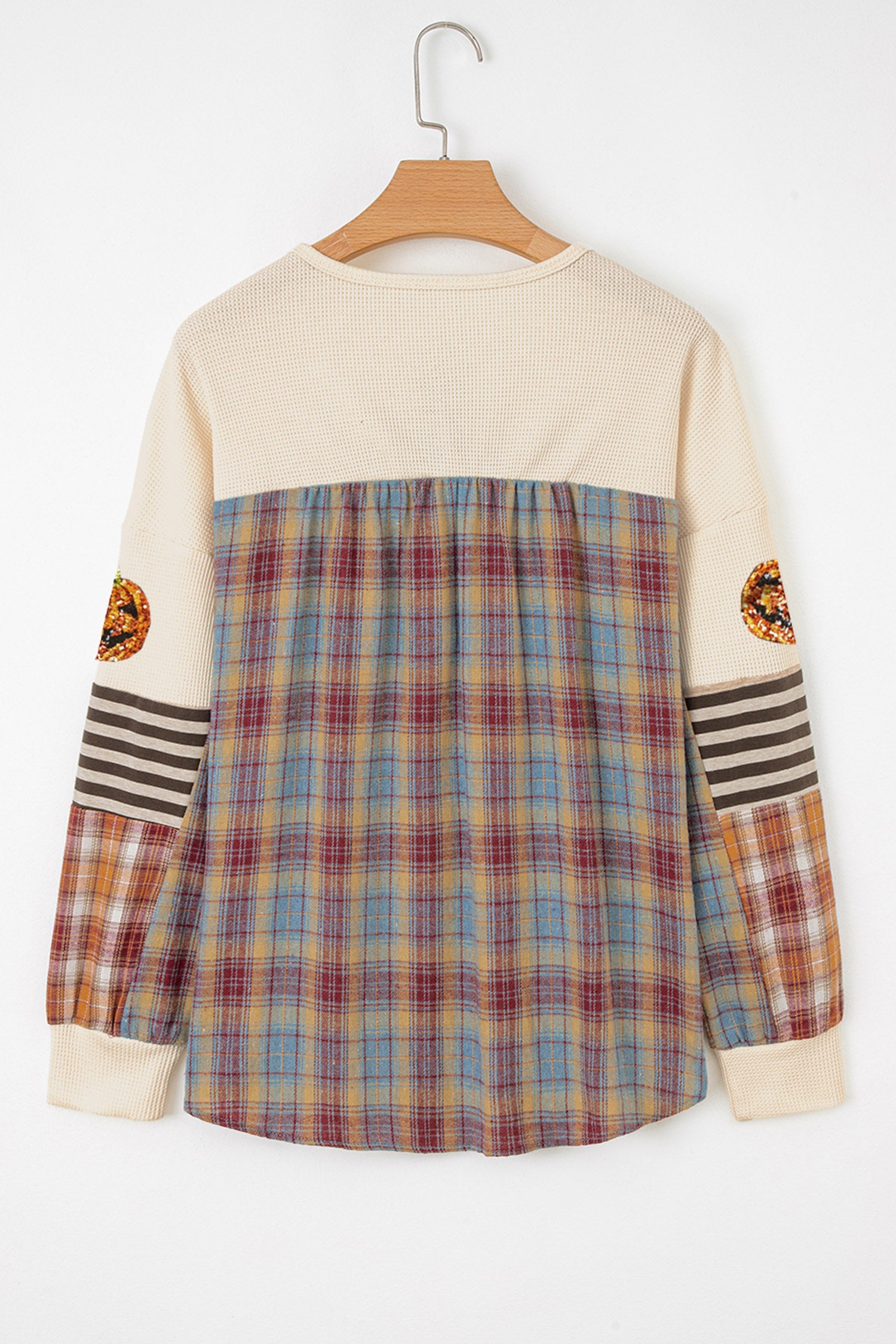 Beige Sequined Pumpkin Face Patched Henley Waffle Top