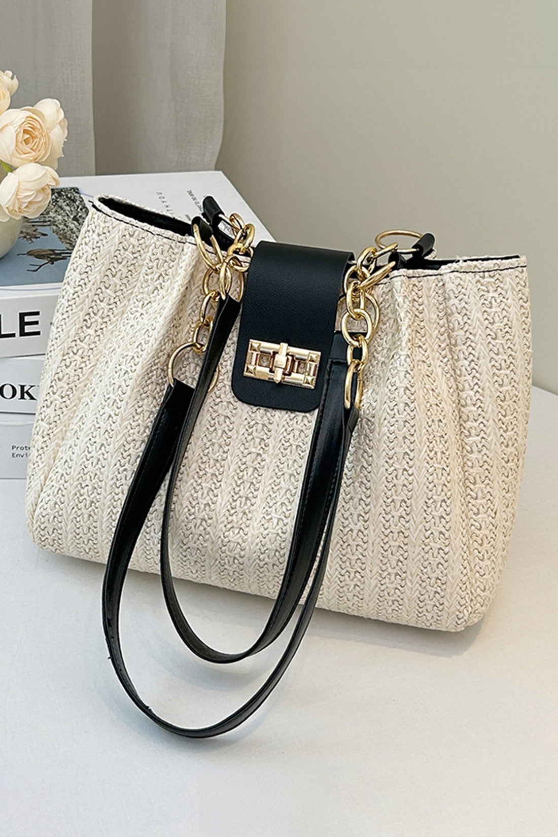 Black PU Leather Chain Handle Woven Textured Knit Tote Bag