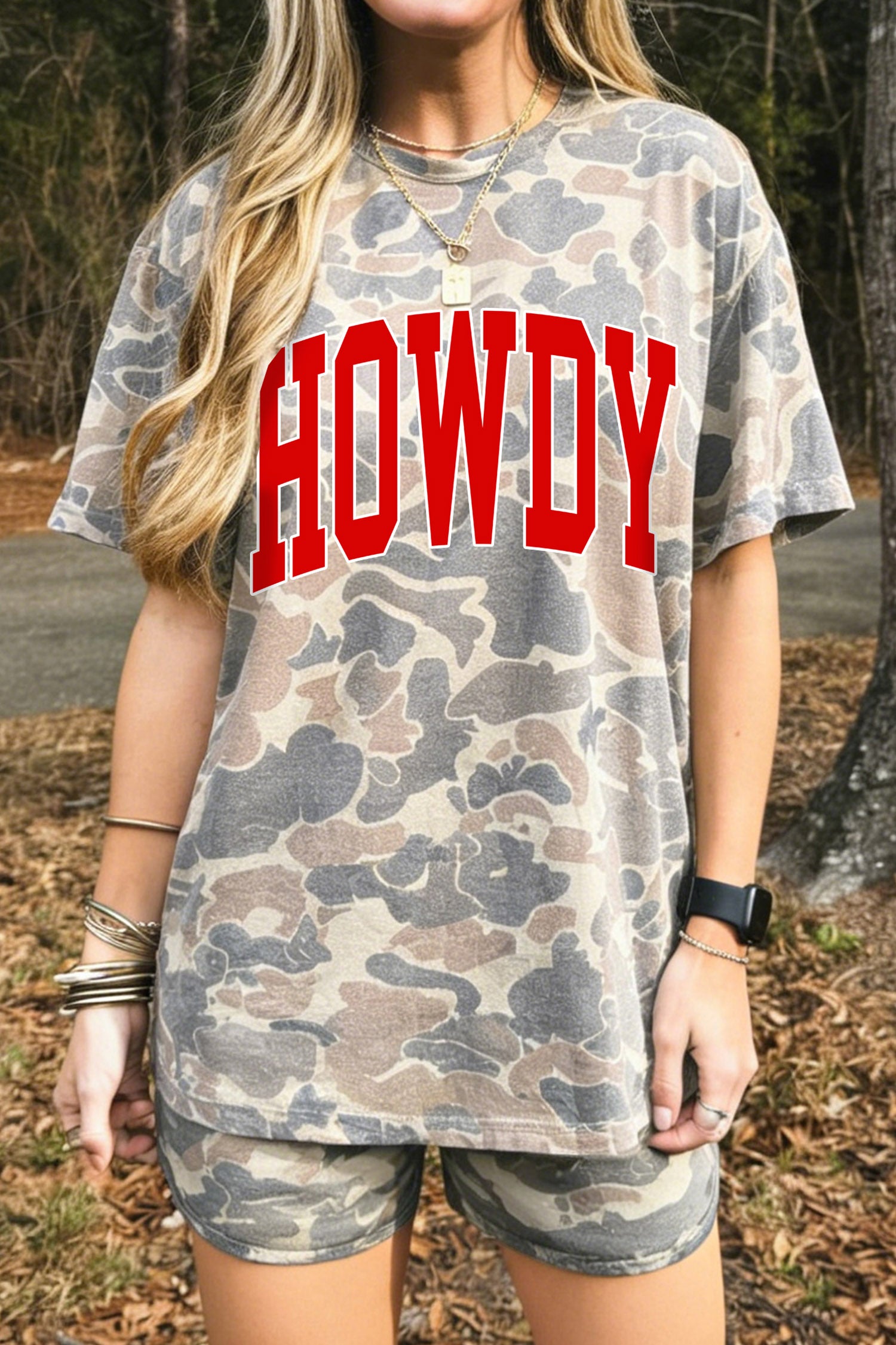 Multicolour Camouflage HOWDY Letter Print Relaxed Tee Drawstring Shorts Set