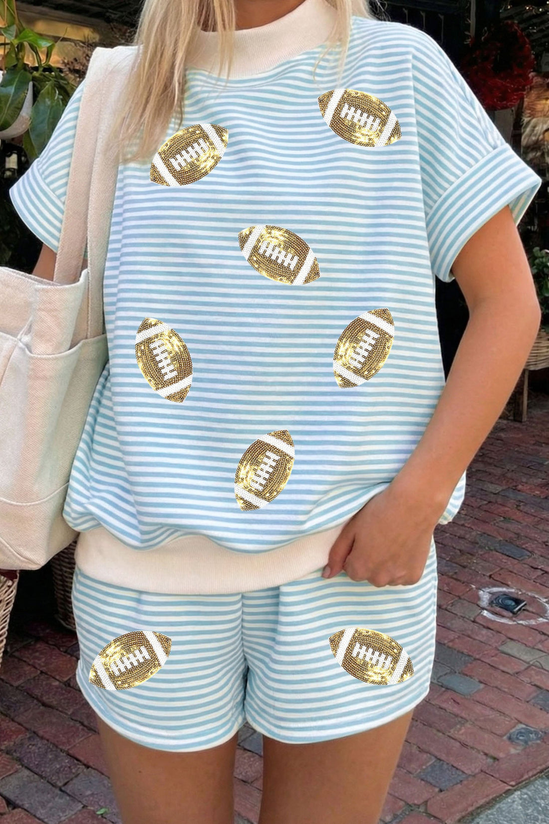 Sky Blue Stripe Sequined Rugby Patch Graphic High Neck Short Sleeve Top Casual Short Set