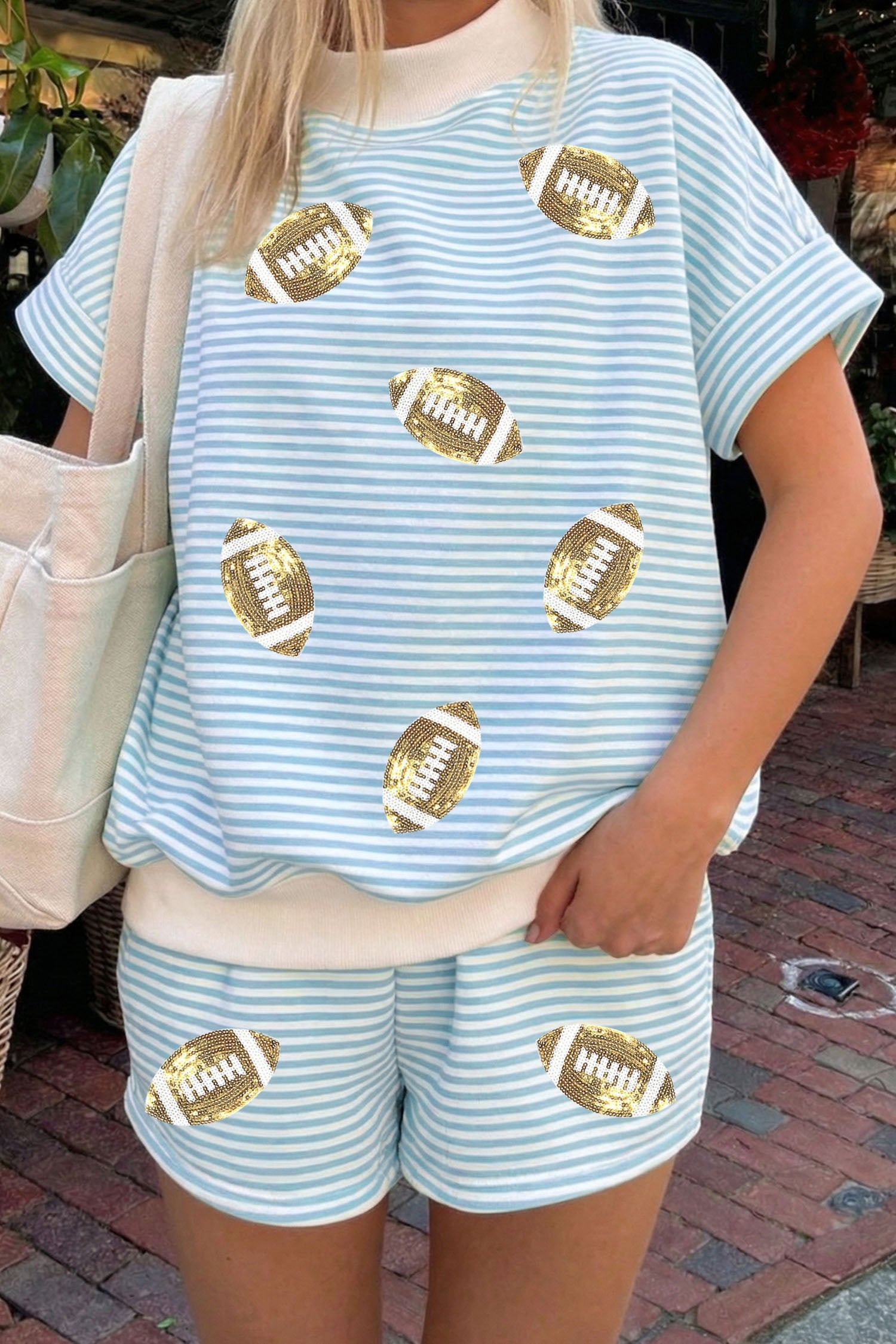 Sky Blue Stripe Sequined Rugby Patch Graphic High Neck Short Sleeve Top Casual Short Set