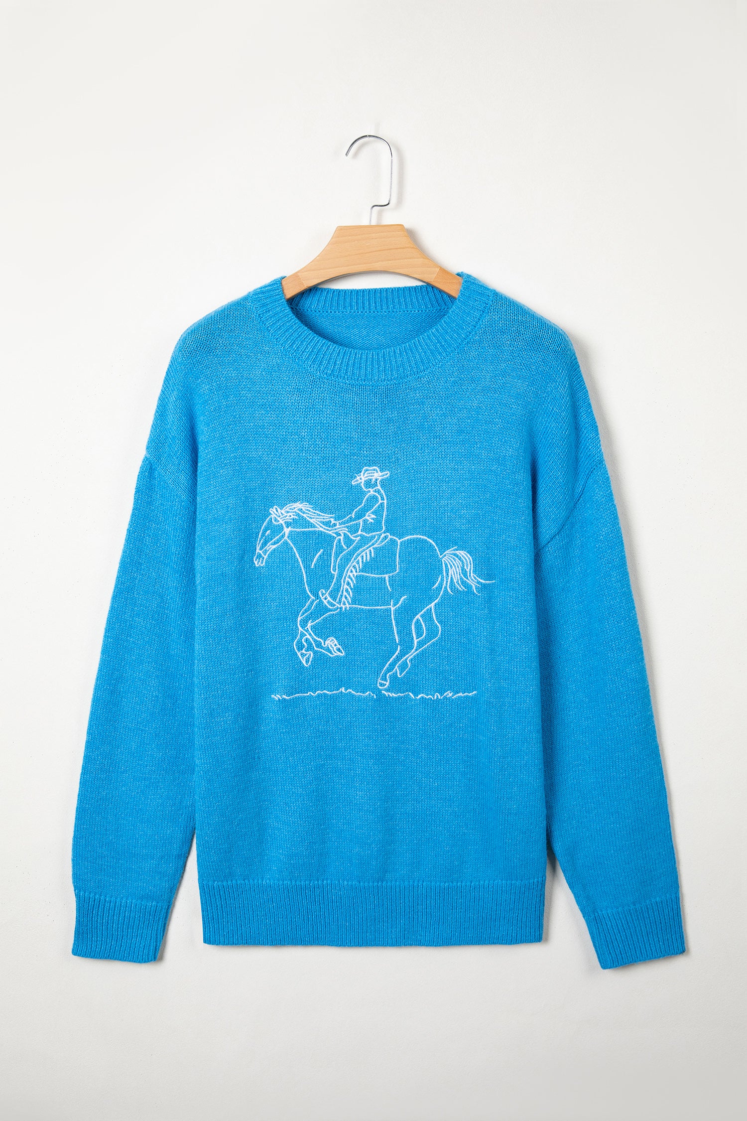 Sky Blue Western Embroidery Drop Shoulder Pullover Sweater