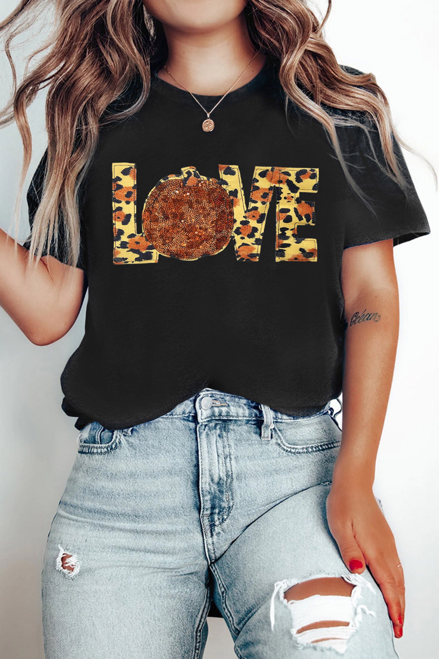 Black Sequin Pumpkin Leopard Print Love Graphic Tee