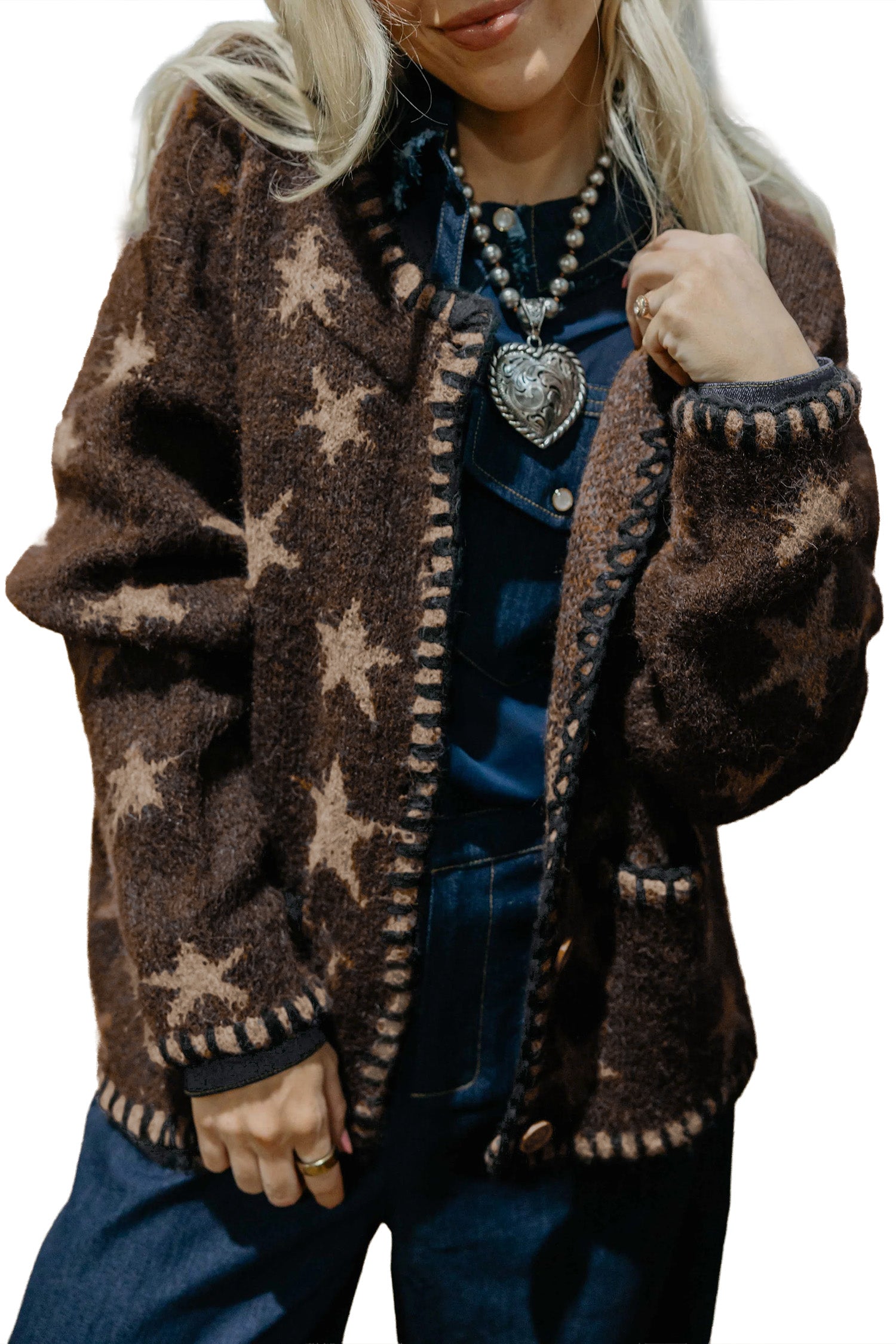 Brown Stars Pattern Colorblock Long Sleeve Shift Cardigan