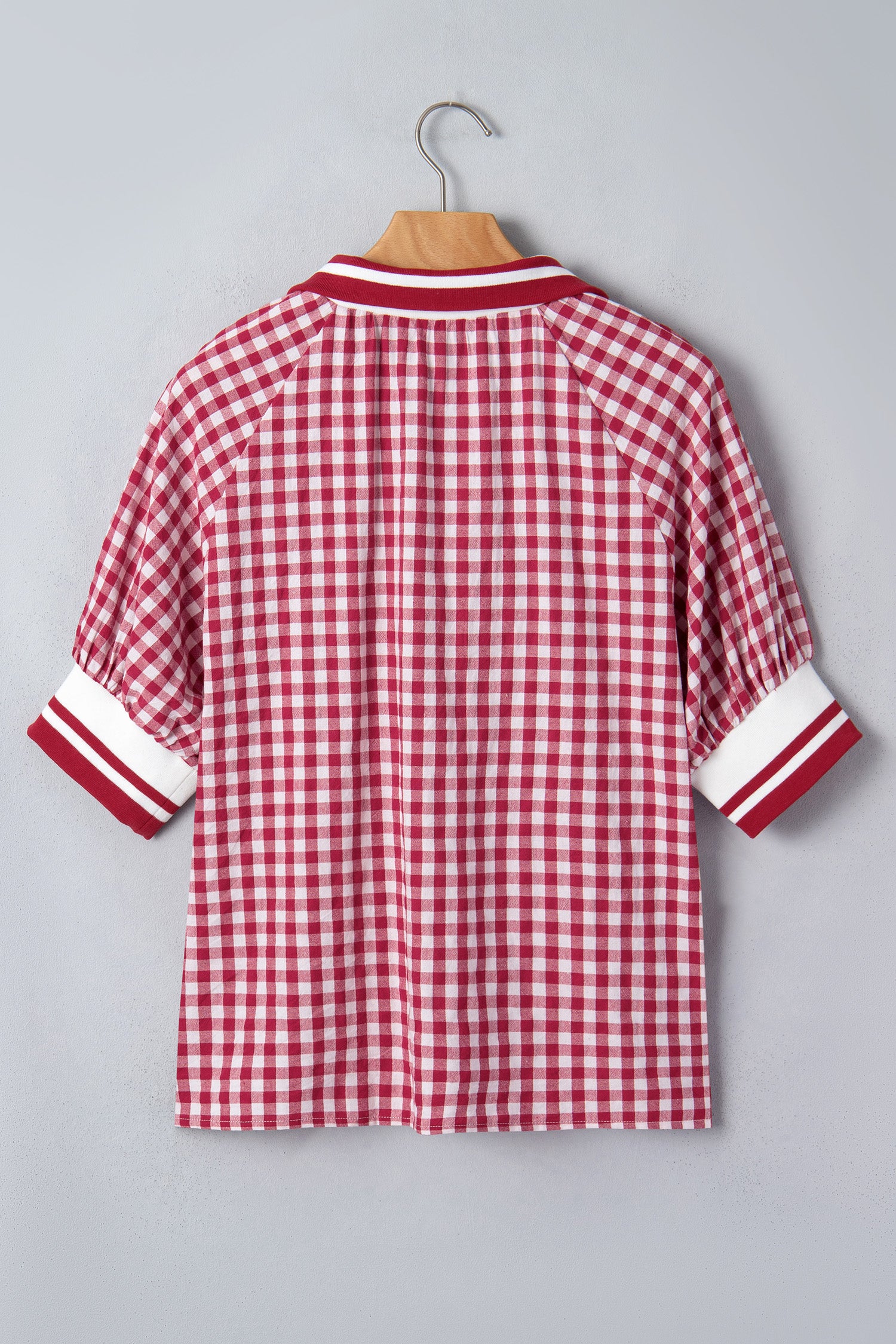 Red Gingham Striped Patchwork Half Zip Blouse