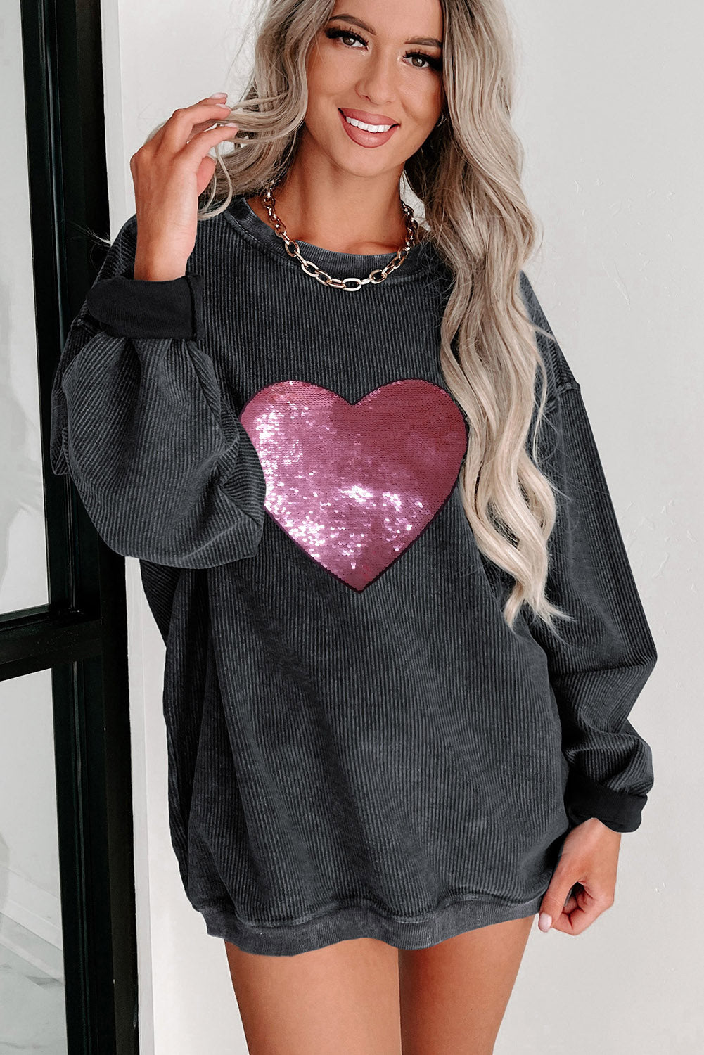 Black Sequin Heart Shaped Crewneck Corded Sweatshirt
