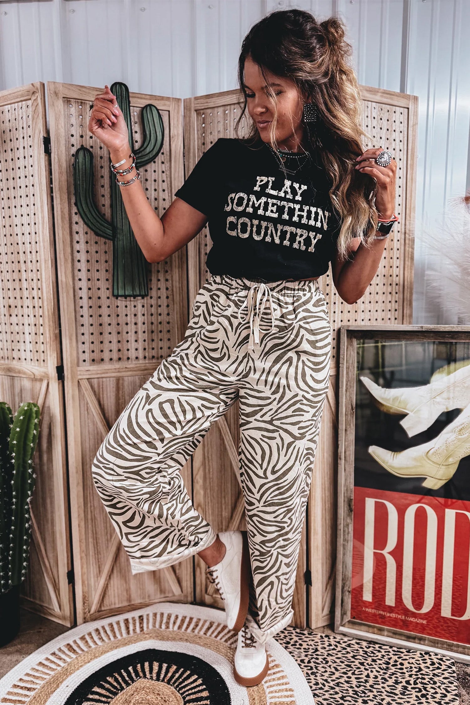 Multicolour Western Print Zebra Pattern Elastic Waist Pocket Full-Length Pants