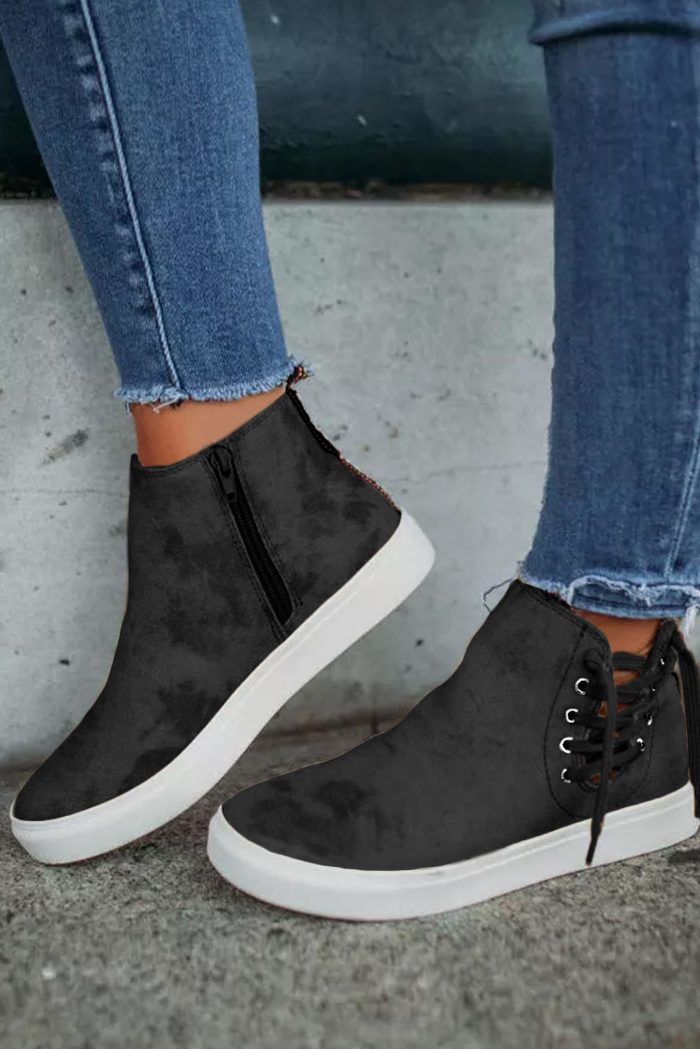Black High Top Drawstring Zipped Slip-on Sneakers