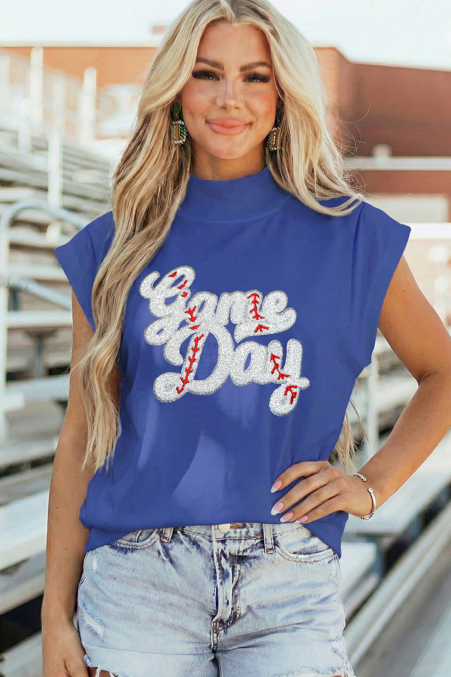 Sky Blue Sequin Game Day Slogan High Neck Short Sleeve Top