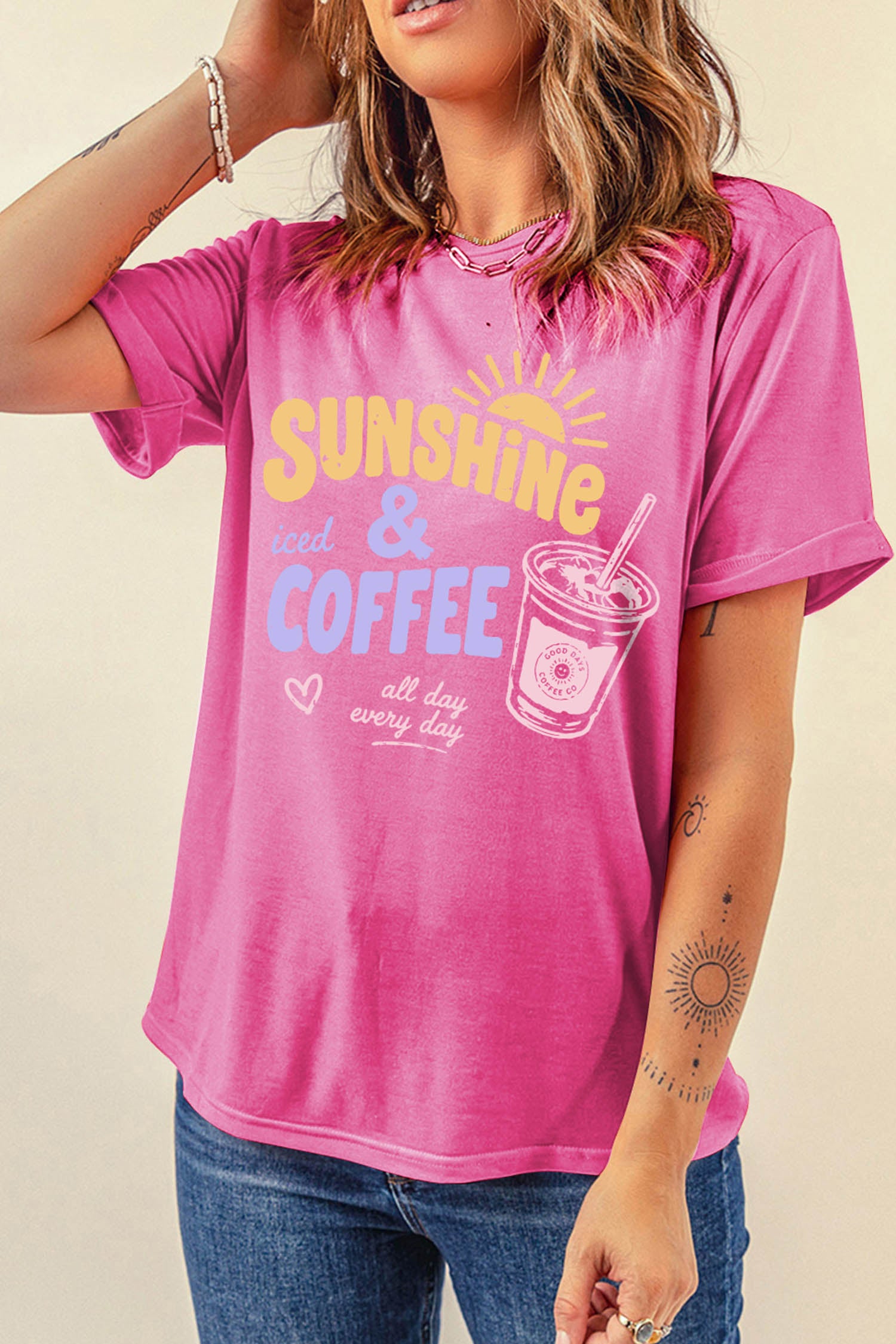 Sachet Pink Sunshine Iced Coffee Slogan Beach Vacation Graphic Tee