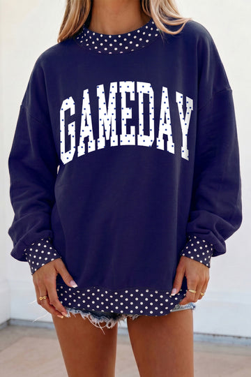 Dark Blue Polka Dot Trim Game Day Letter Print Tunic Graphic Sweatshirt