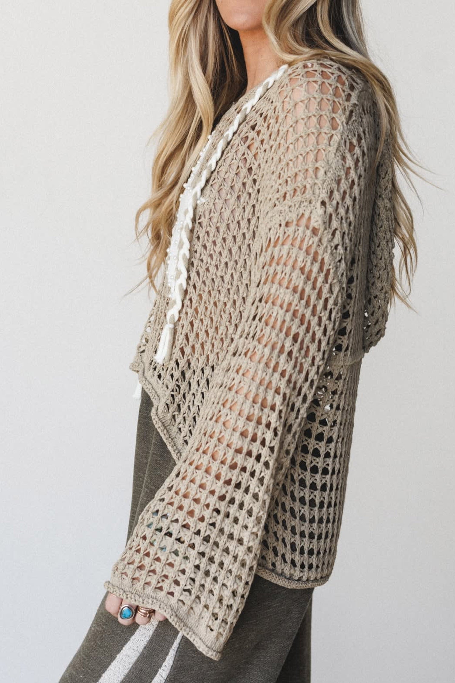 Sage Green Star Pattern Crochet Hooded Drawstring Sweater
