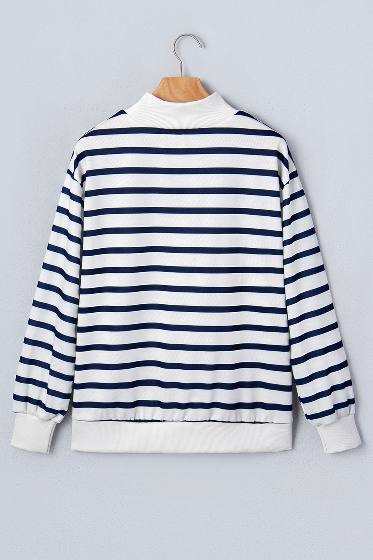 Blue Stripe Sequin Rugby Print Mock Neck Casual Sweatshirt