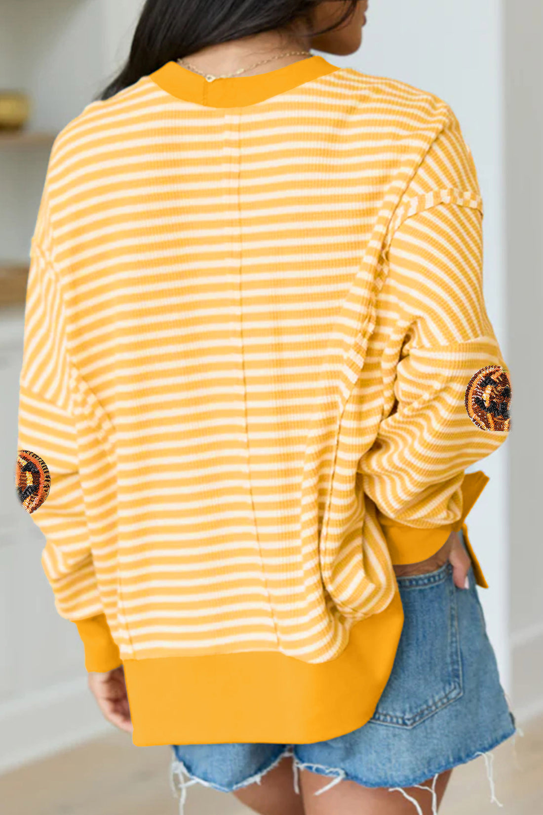Khaki Stripe Sequin Halloween Pumpkin Face Graphic Split Side Long Sleeve Casual Top