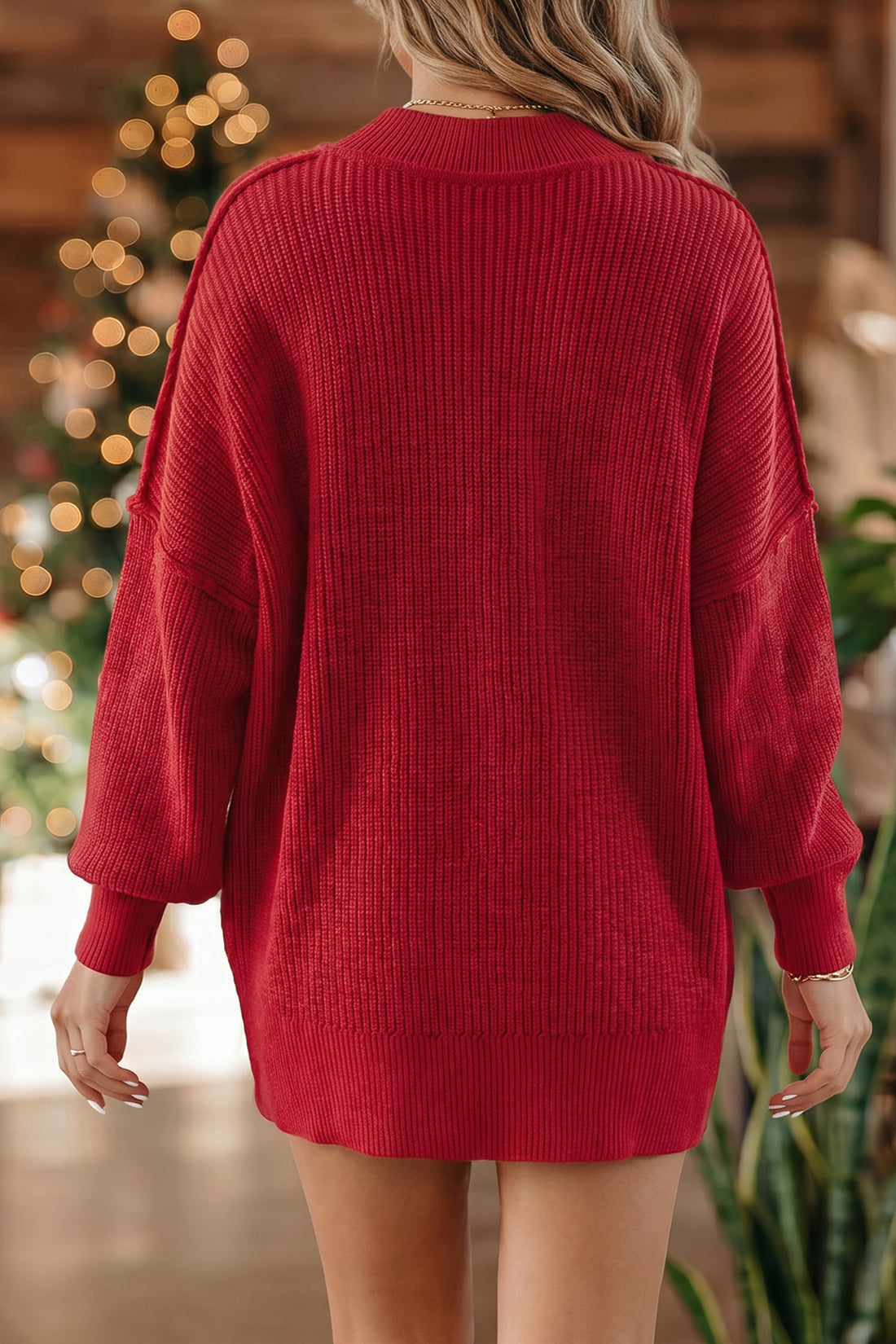Red Dahlia Long Sleeve Ribbed Knit Stand Neck Regular Fit Sweater