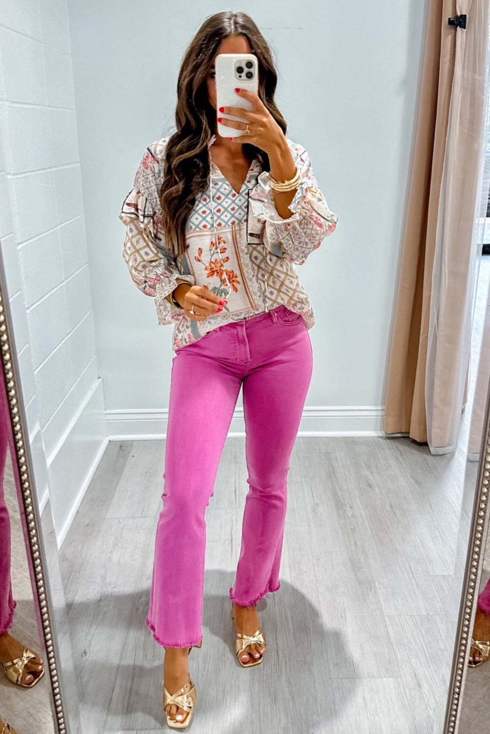 Multicolour Boho Floral Patched Ruffled Sleeve Tied Neck Blouse