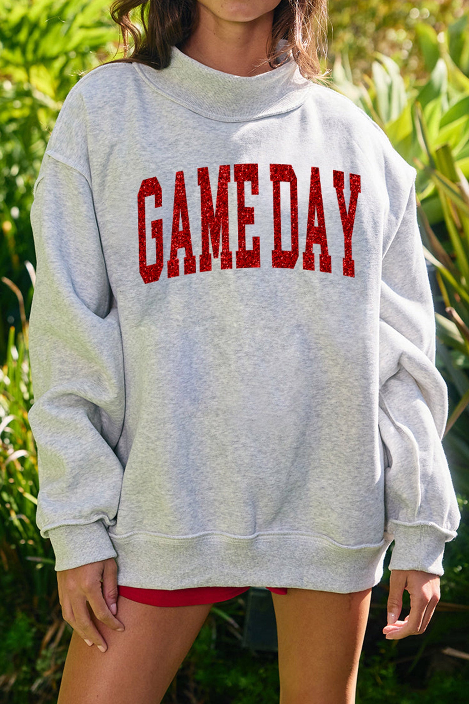 Light Grey Glitter Letter Game Day Mock Neck Casual Graphic Sweatshirt