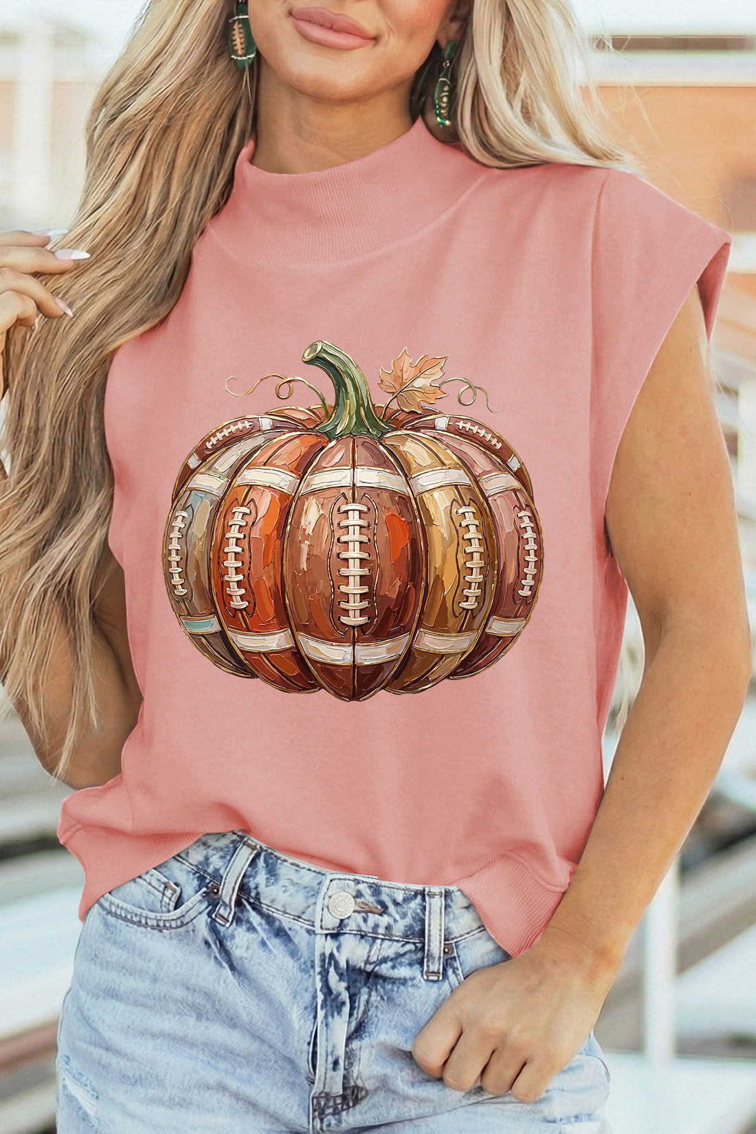 Pink Rugby Pumpkin Graphic Mock Neck Cap Sleeve Top
