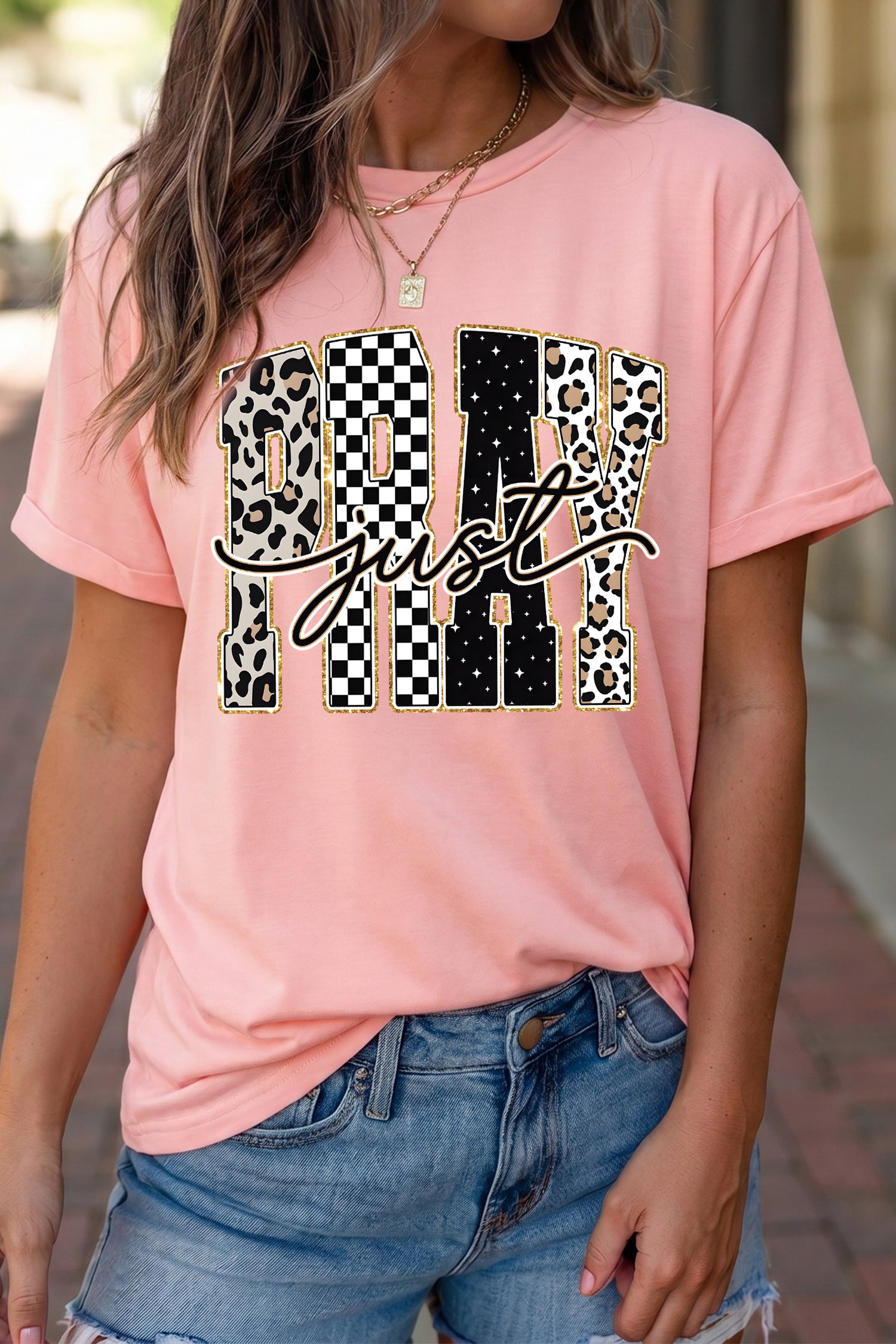 Pink Just PRAY Graphic High Stretch Casual Tee