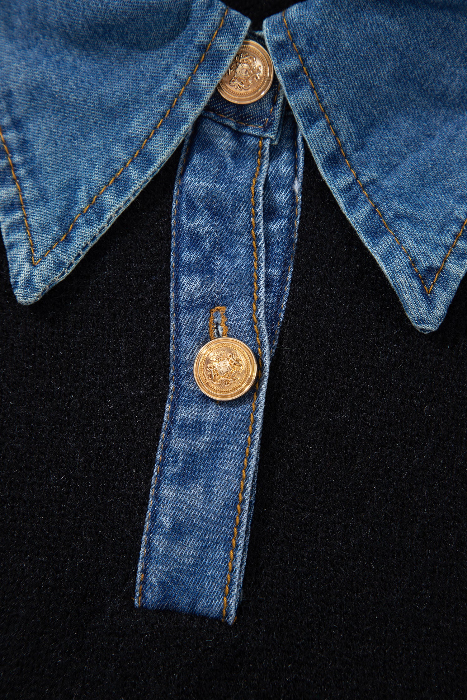 Black Denim Patchwork Collar Cuffed Casual Sweater