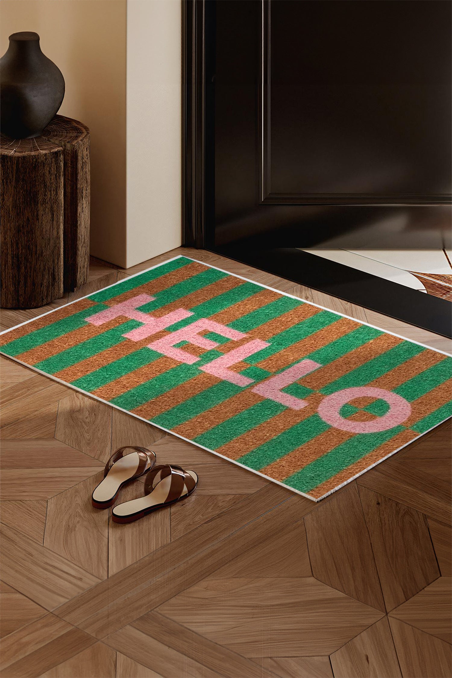 Bright Green Striped Printed HELLO Crystal Velvet Doormat