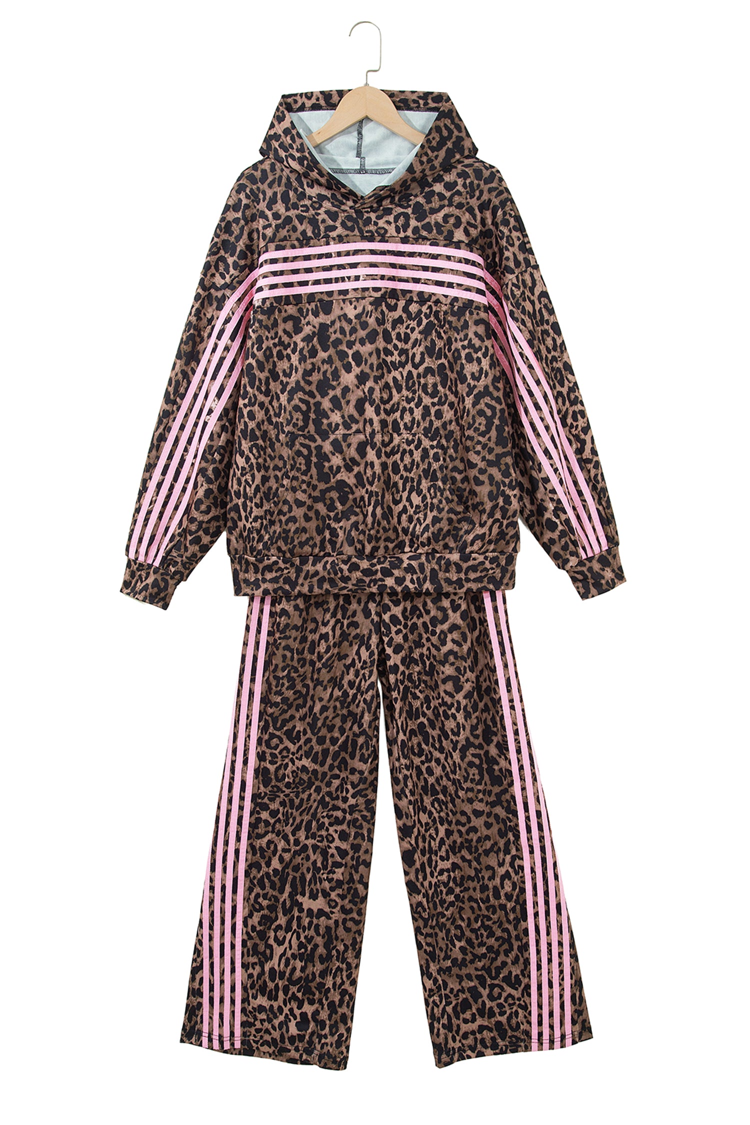 Brown Leopard Print Contrast Striped Detail Long Sleeve Top Pant Set