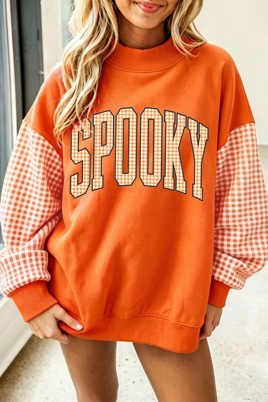Russet Orange Plaid Contrast Sleeve SPOOKY Letter Graphic Pullover Sweatshirt