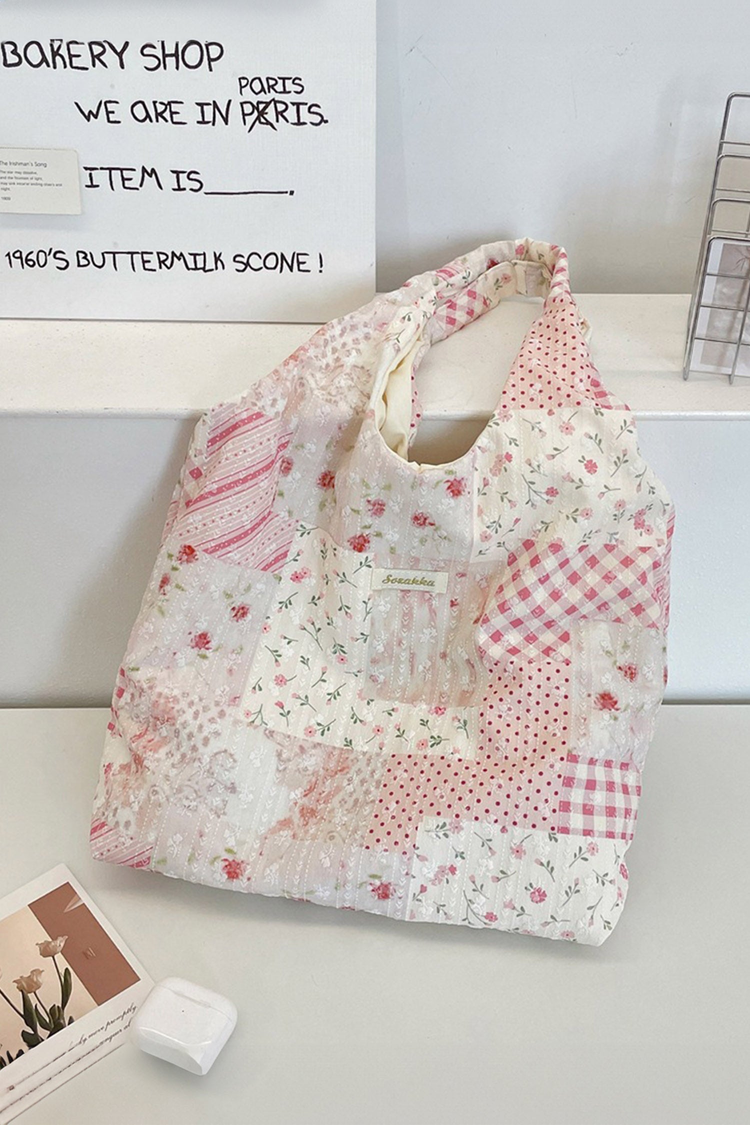 Pink Lightweight Cloth Boho Patchwork Floral Tote Bag
