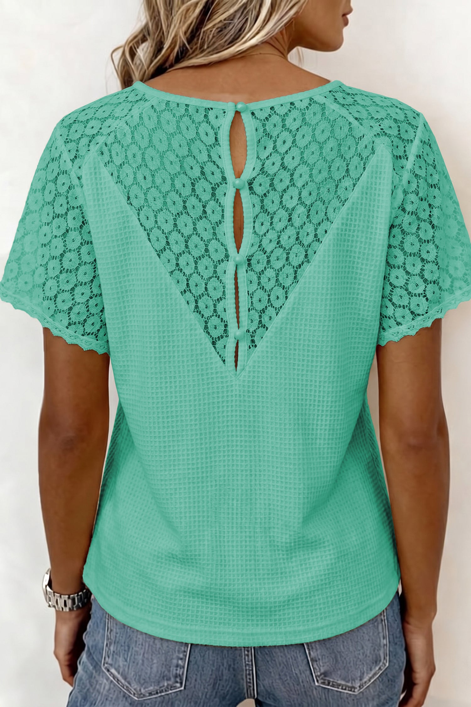 Mint Green Lace Splicing Button Cutout V Neck Waffle Knit Blouse