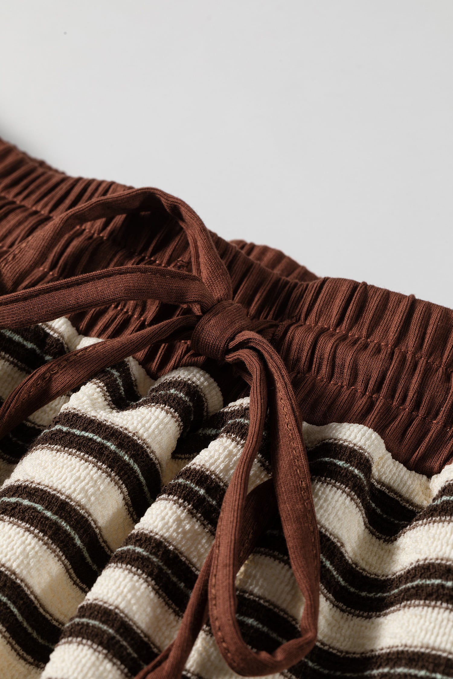 Brown Stripe Contrast Trim Button Neck Long Sleeve Top Drawstring Mini Skirt Set