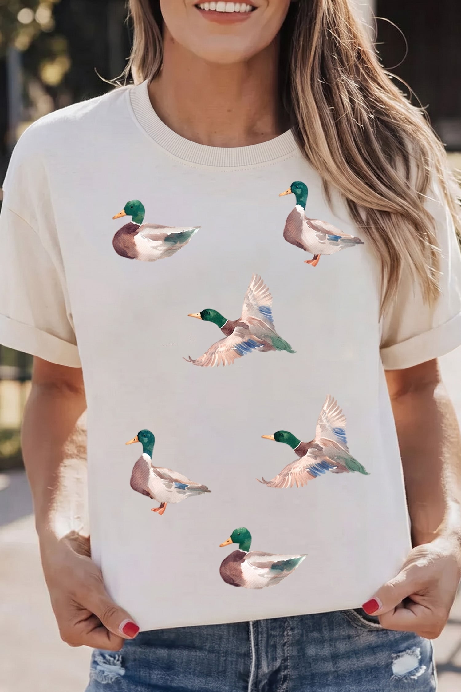 White Greenhead Duck Pattern Short Sleeve Round Neck T-Shirt