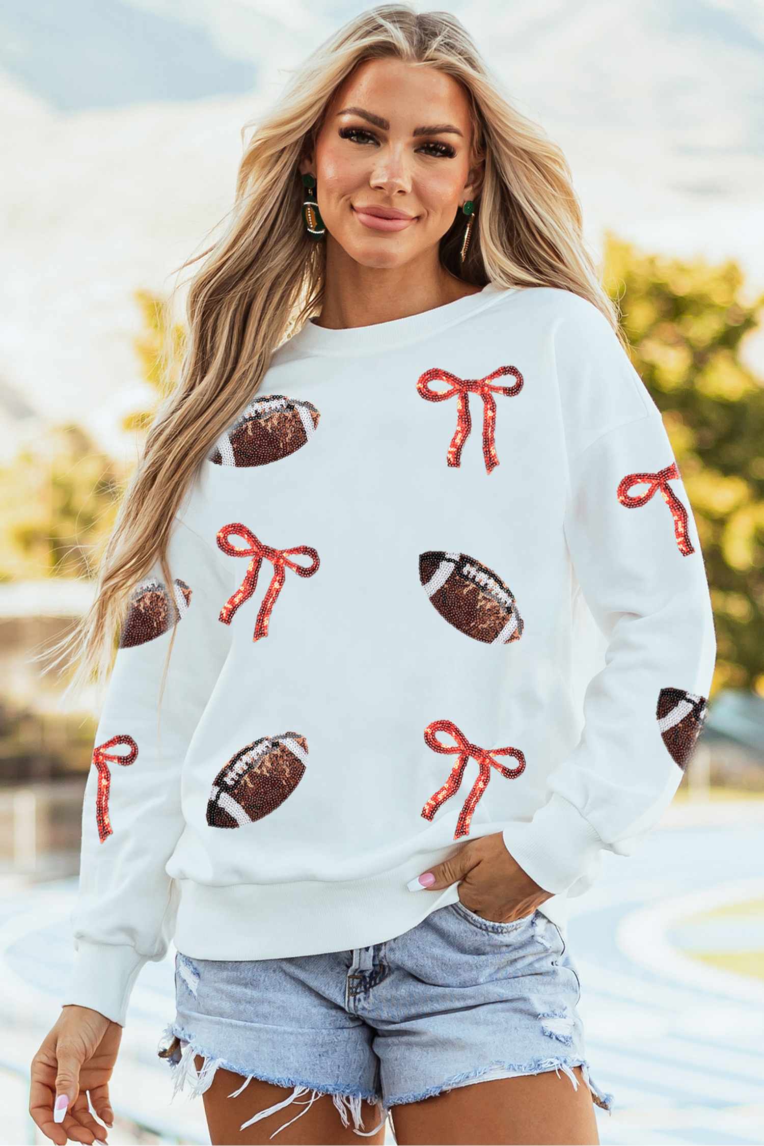 White Sequin Rugby Bow Graphic ODM Casual Pullover Sweatshirt