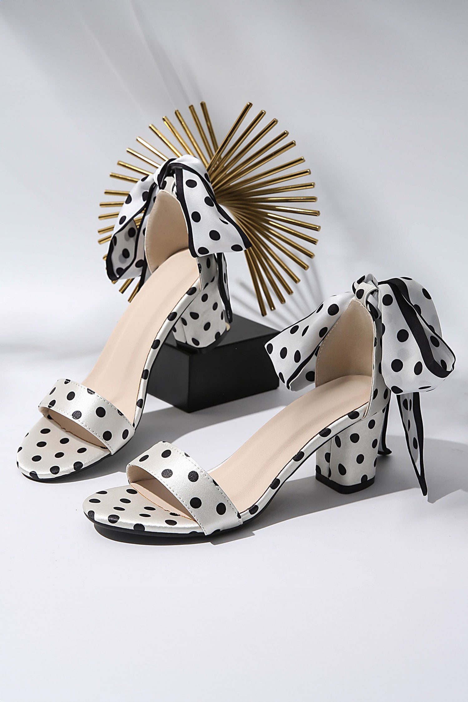 White Polka Dot Bowknot Block Heel Sandals