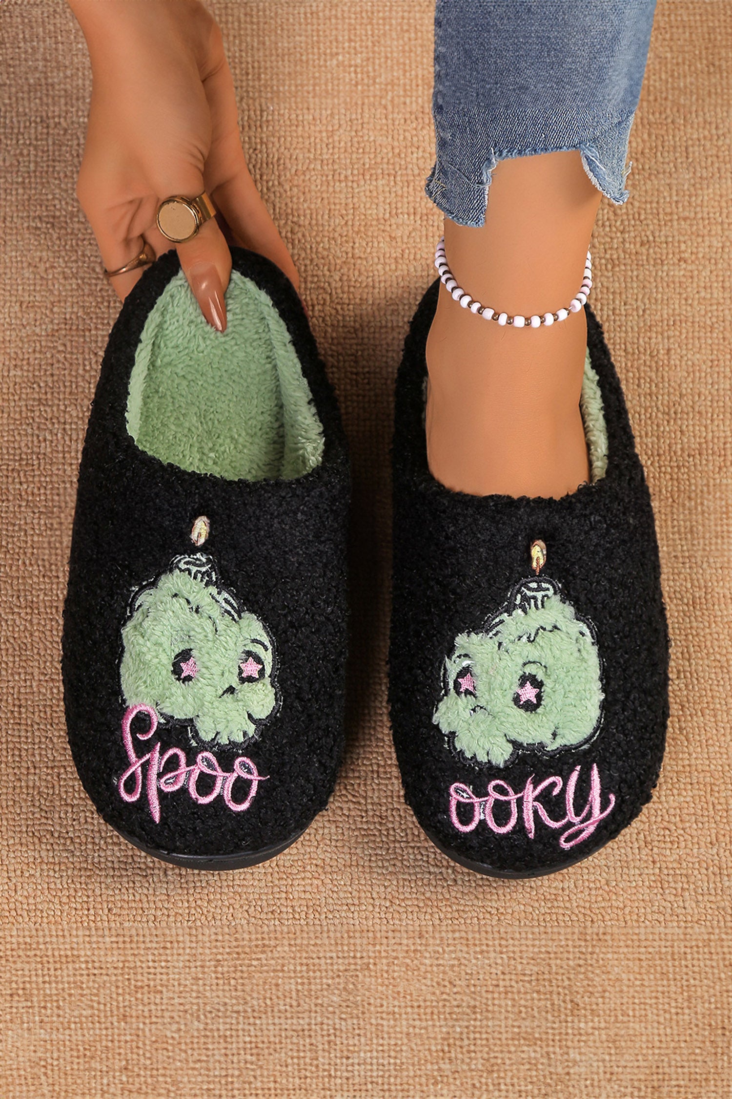 Black Color Contrast spooky Embroidered Asymmetric Plush Winter Slippers