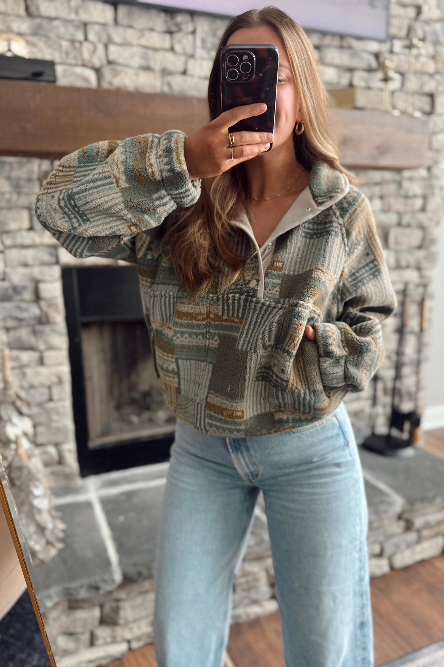 Green Western Print Fleece Pullover Long Sleeve Casual Fit Sweatshirt