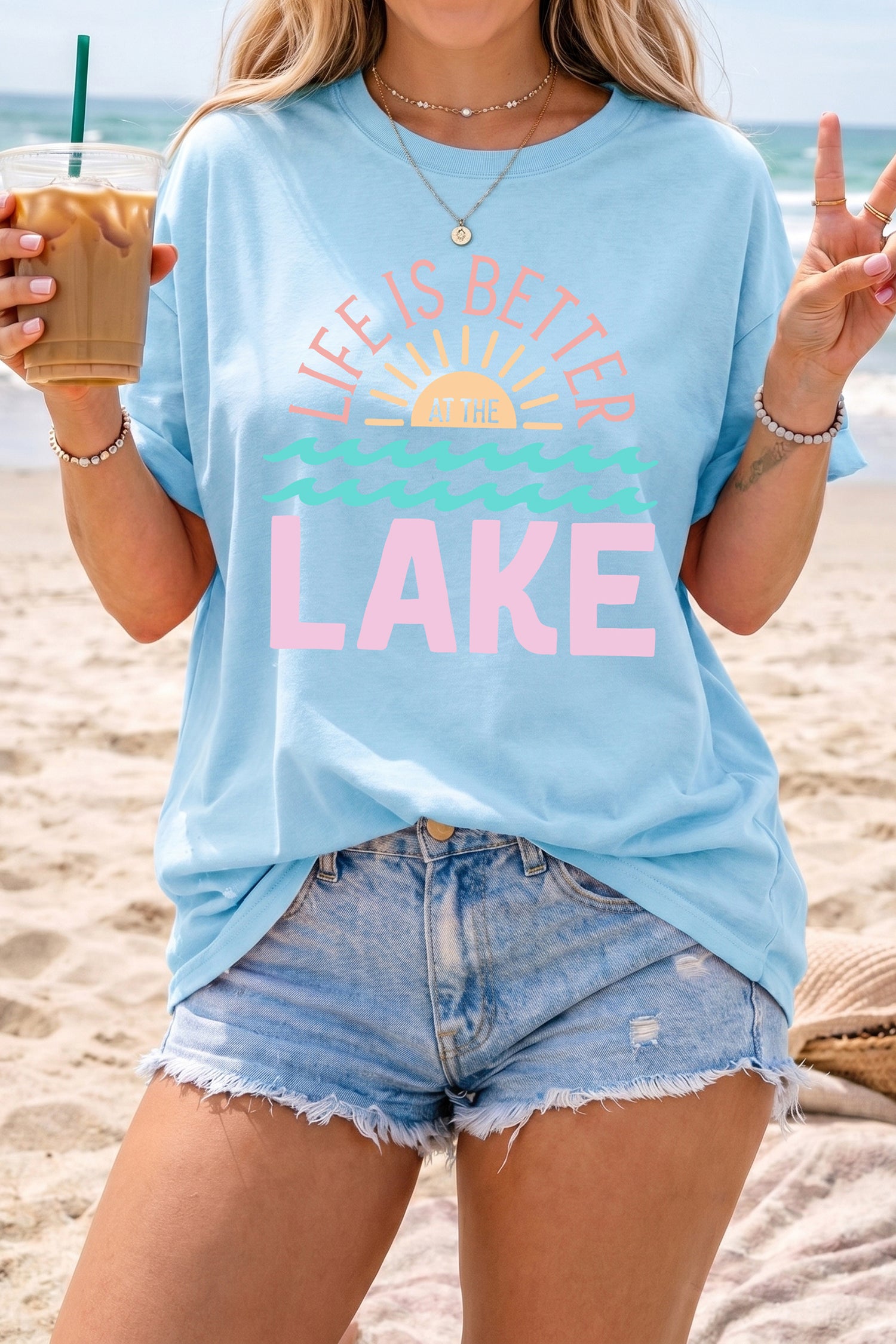 Light Blue LIFE IS BETTER AT THE LAKE Summer Vacation Graphic Tee