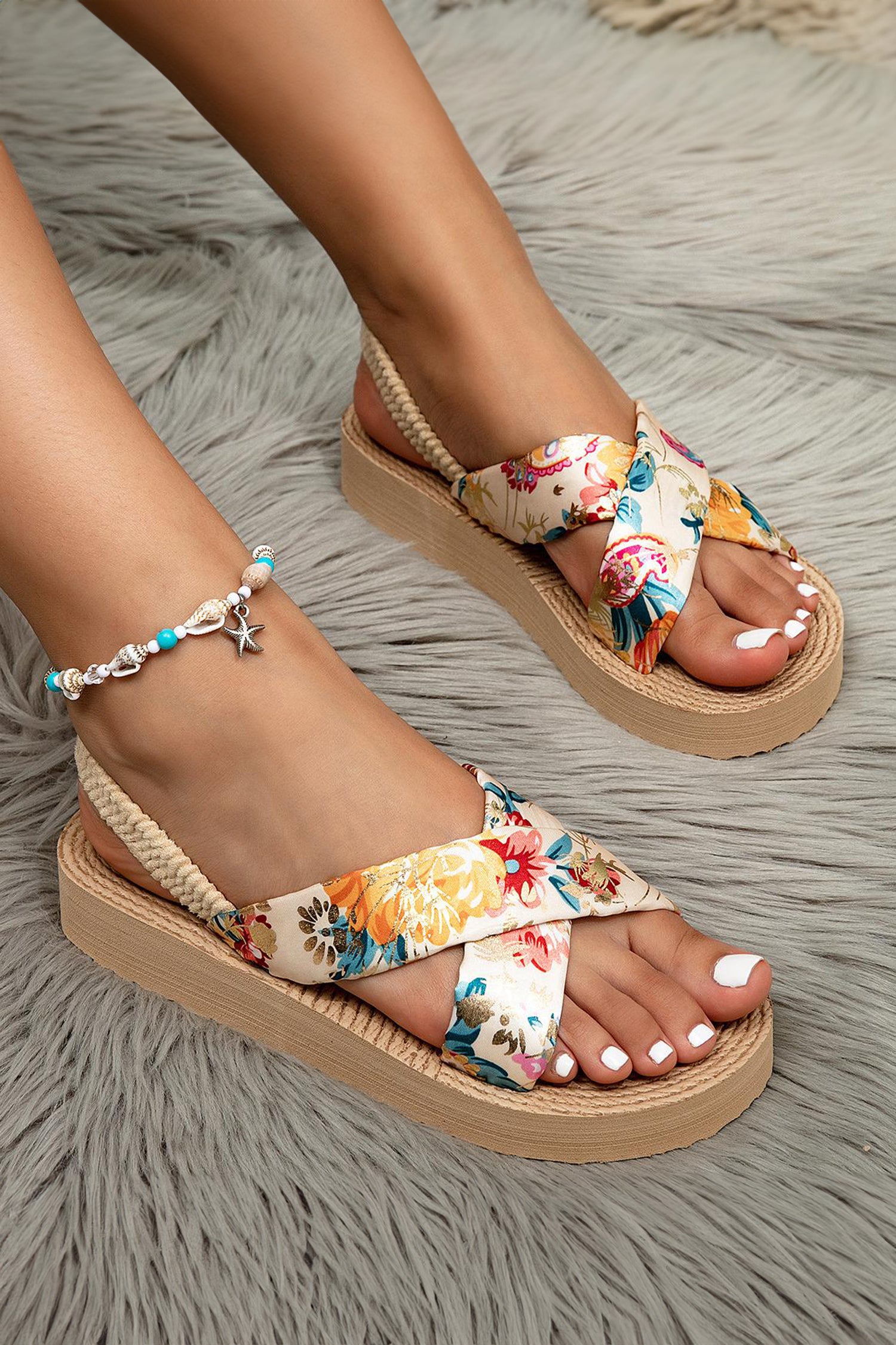 Parchment Floral Crossed Band Straw Woven Platform Sandals