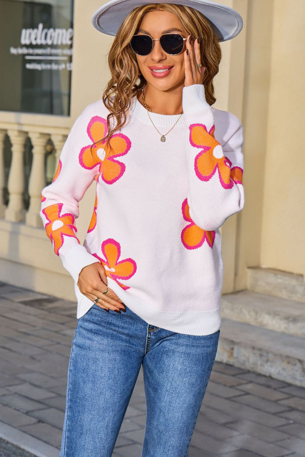 Orange Cute Flower Drop Shoulder Ribbed Crew Neck Sweater