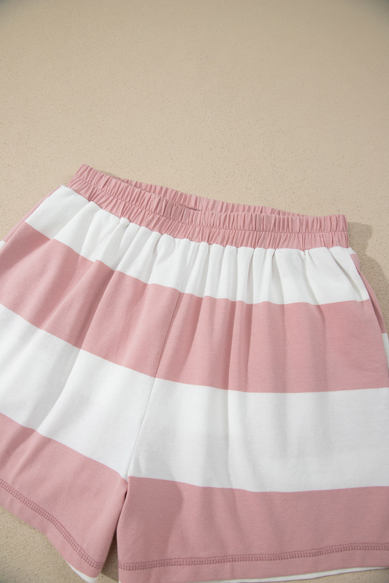 Pink Stripe Half Zip Bracelet Sleeve Top Casual Short Set