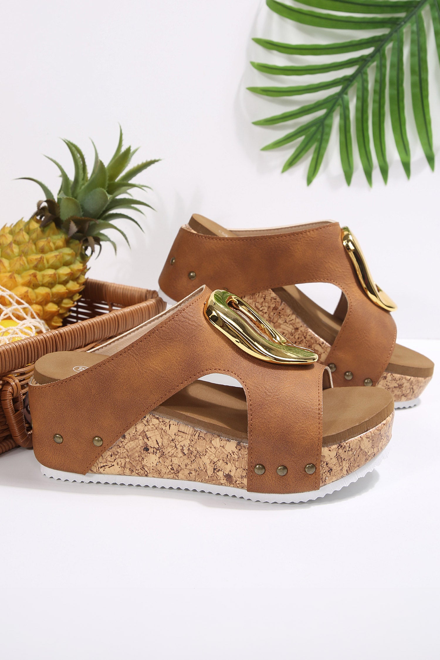 Chestnut Retro Suede Cutout Gold Buckle Detail Platform Wedge Slippers