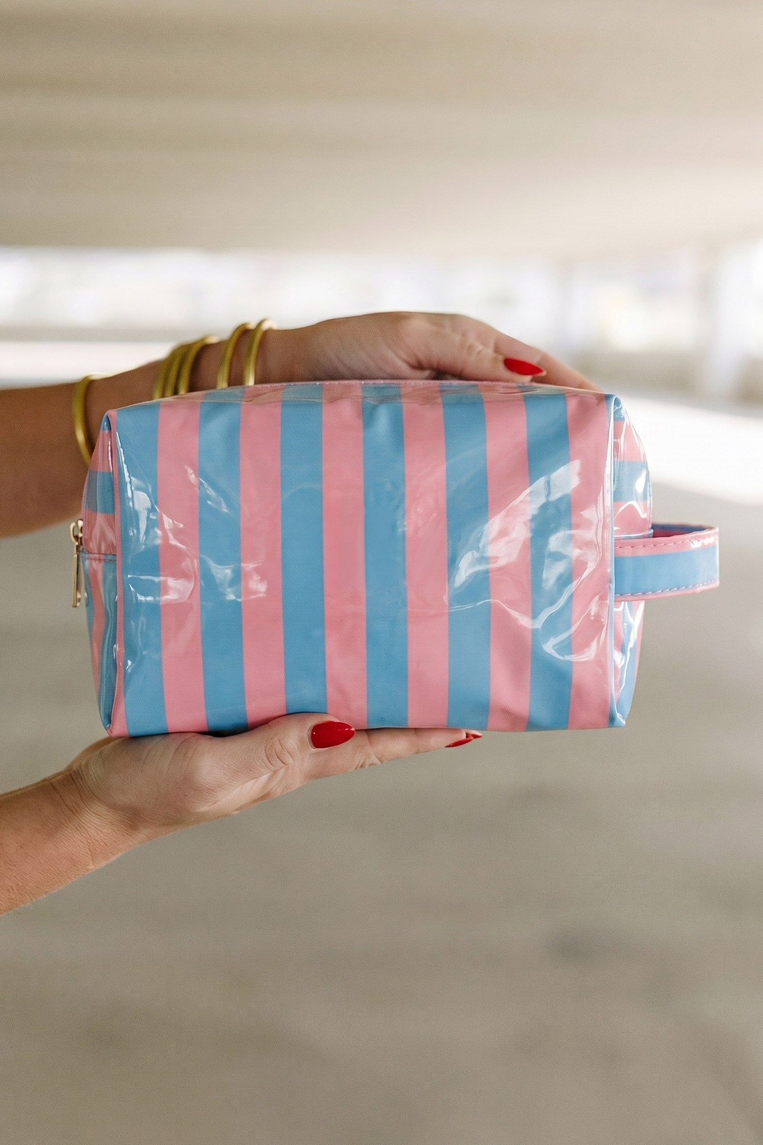 Dusk Blue PVC Striped Cosmetic Bag Durable Zipper Handle Travel Organizer