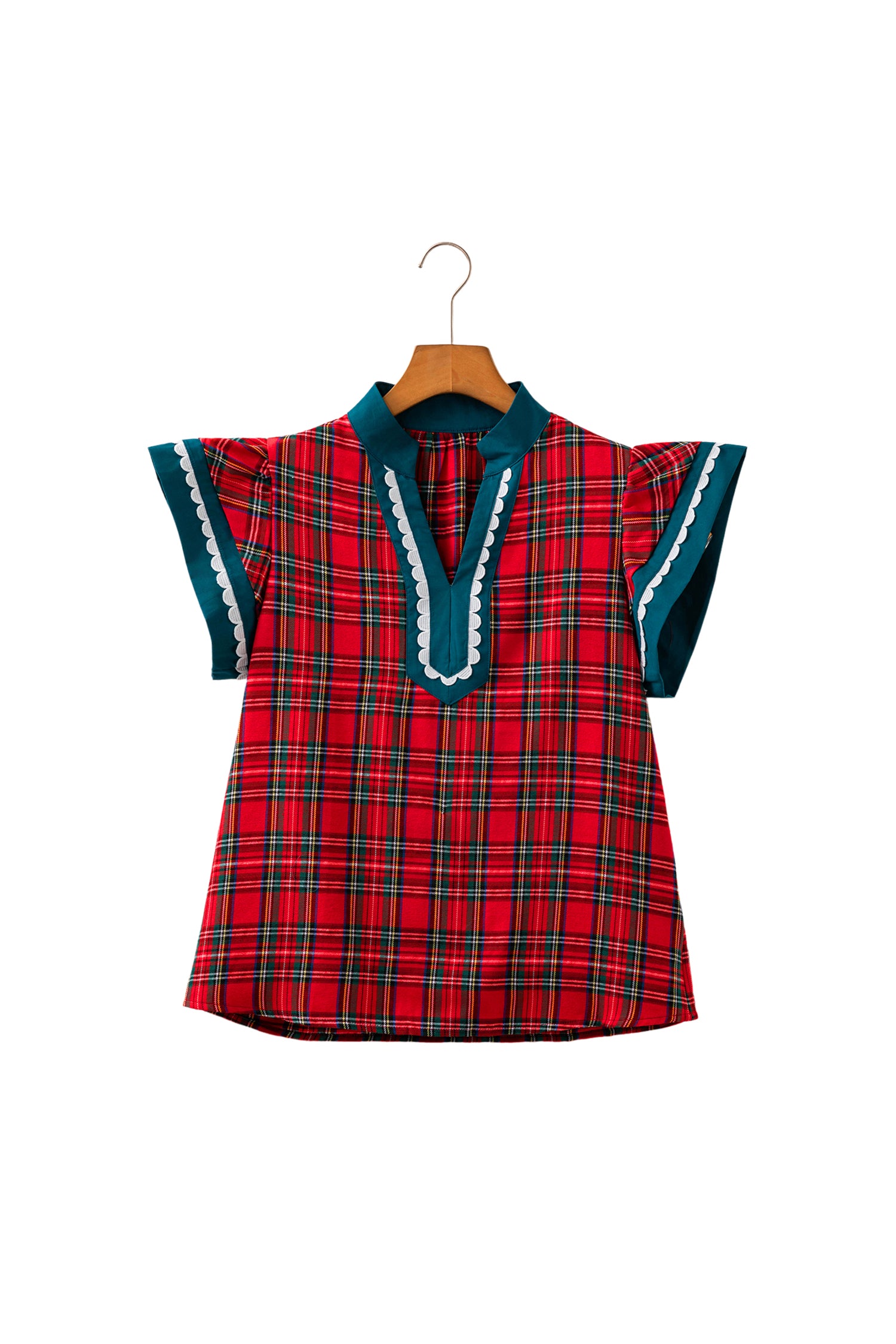 Red Plaid V Neck Short Sleeve Shift Blouse