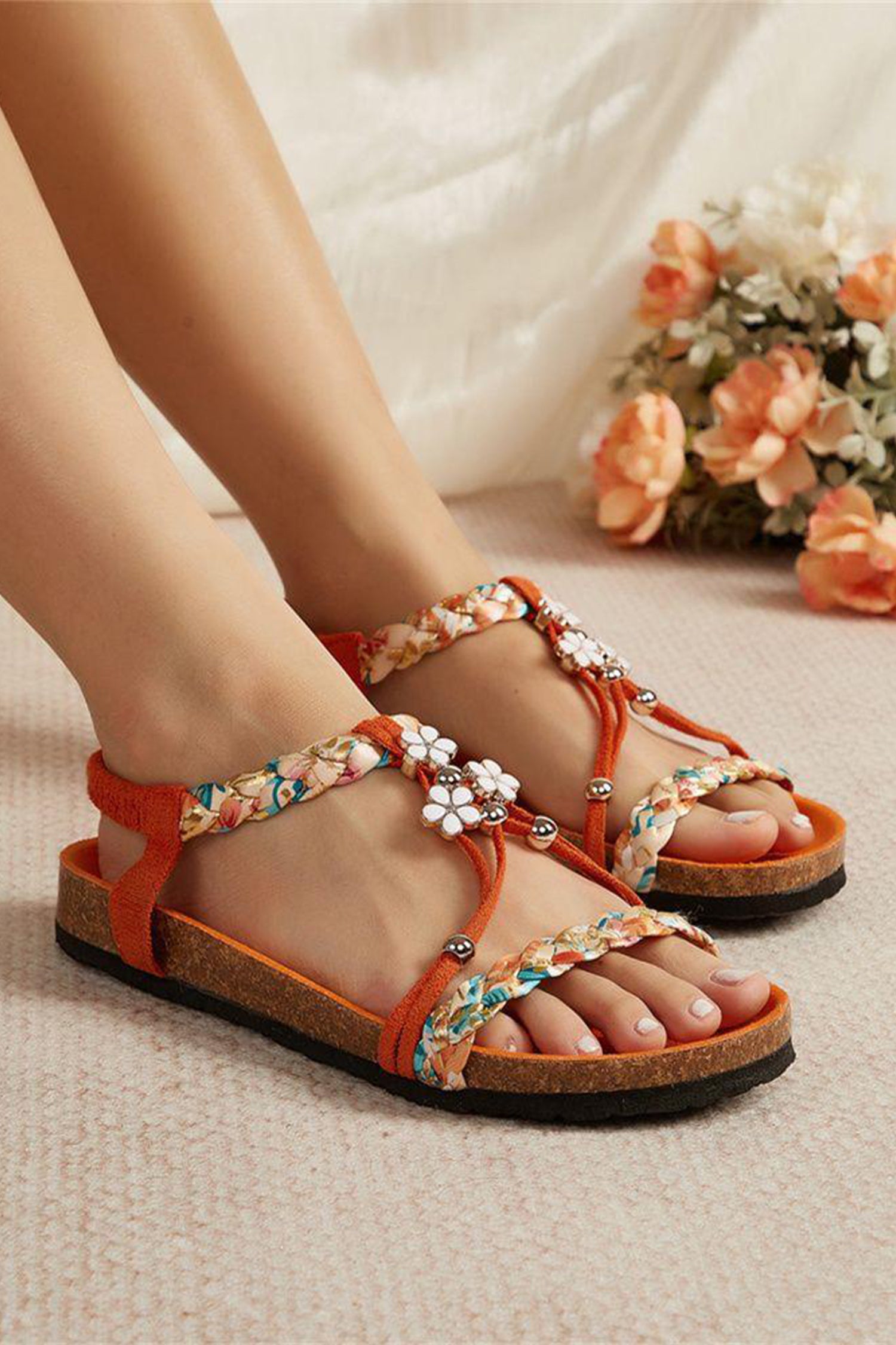 Orange Braided Floral Ankle Strap Open Toe Flat Beach Sandals
