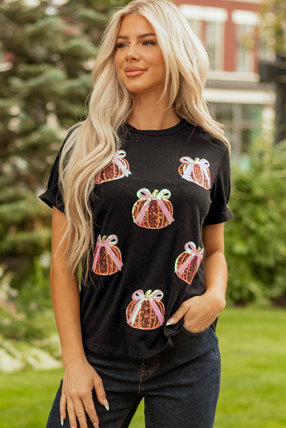 Black Sequin Bow Pumpkin Patched Cotton Blend T Shirt