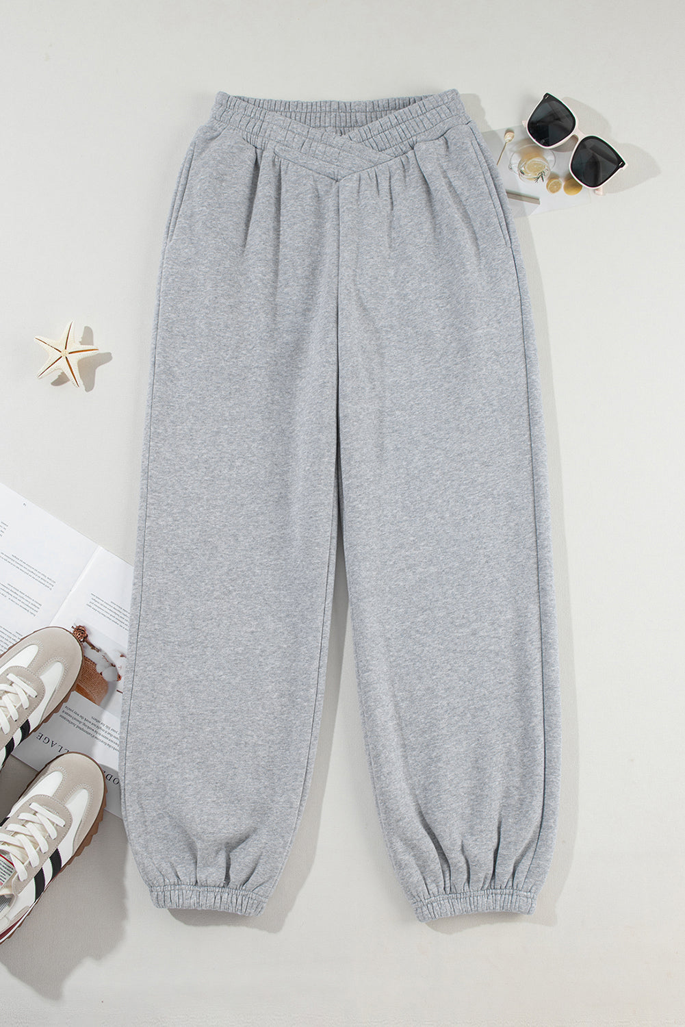 Light Grey Solid Color Crisscross Elastic Waist Sweatpants